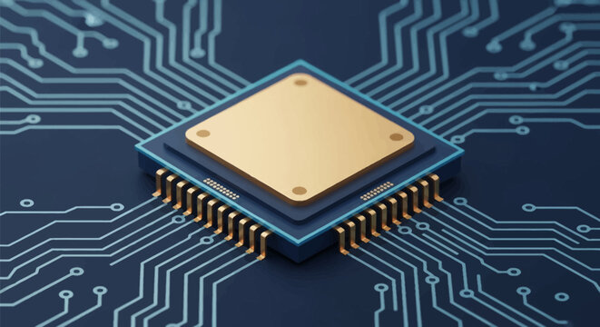 Macro 3D rendering of a high-performance central processing unit CPU with a gold integrated heat spreader mounted on a dark blue printed circuit board with white electronic traces.