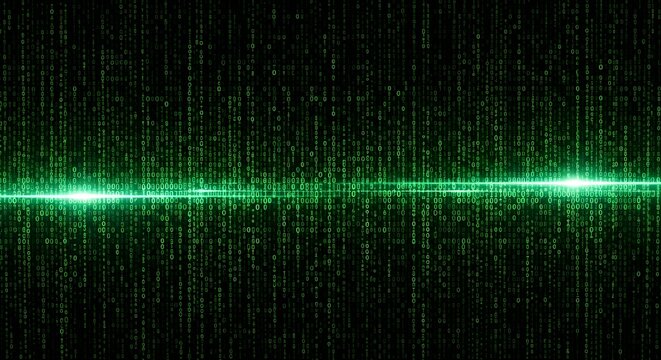 Abstract green digital waveform with binary code and glowing light, abstract