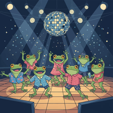 Group of seven anthropomorphic green frogs wearing colorful shirts and dresses dancing on a lit dance floor under a disco ball with spotlights in a vector illustration style.