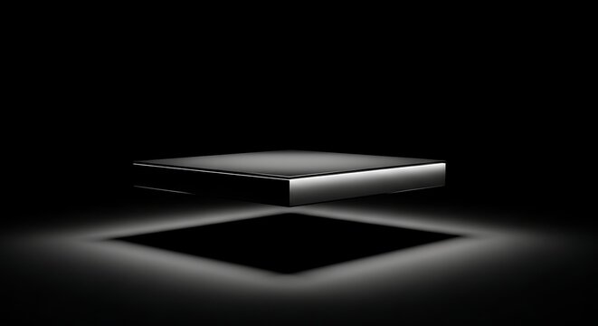 Sleek metallic rectangular object floating in a dark void with a subtle illuminated shadow below.