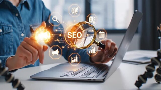 Professional performing SEO on laptop, leveraging digital tools for online presence, improving search ranking, website traffic, and business growth. Digital marketing strategy and analytics.