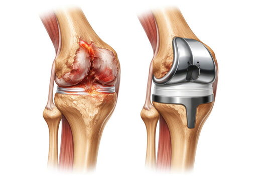 Damaged knee joint and total knee replacement implant comparison with detailed orthopedic surgery anatomy illustration isolated on white background