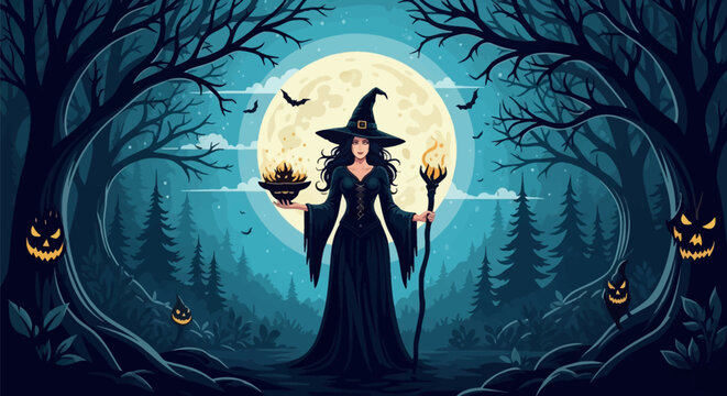 Vector illustration of a witch in a dark mystical forest under a large full moon, holding a flaming cauldron and magic staff, surrounded by bats and trees with glowing faces.