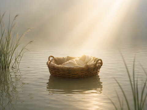 Minimal Baby Moses Basket On Water.
Respectful Sacred Scene With Nur Instead Of Face.
Spiritual River Story About Faith Hope And Protection.