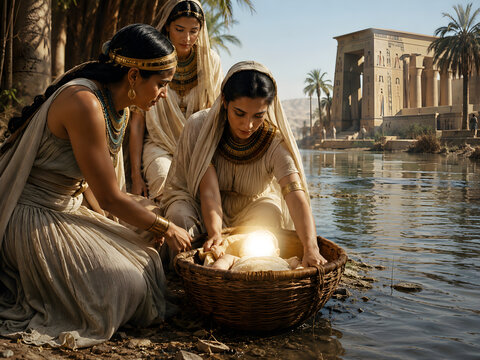 Baby Moses Basket Found Near Palace.
Respectful Sacred Scene With Nur Instead Of Face.
Spiritual River Story About Faith Hope And Protection.