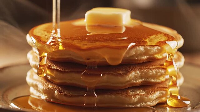 Maple Syrup Pouring Over Fluffy Pancakes with Butter