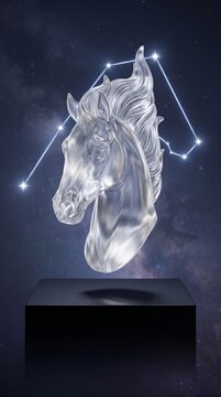 Celestial Clear Crystal Horse Head of Equuleus Levitating Above Obsidian Pedestal