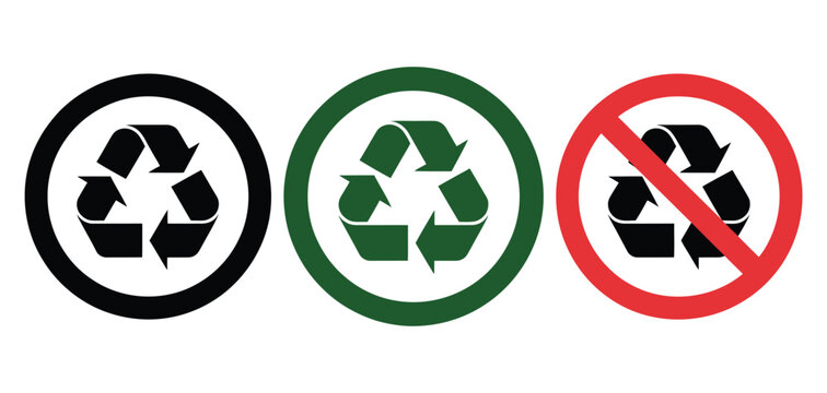 Recycle and no recycling sign icon set featuring plastic, paper, and glass symbols for environmental restriction design.