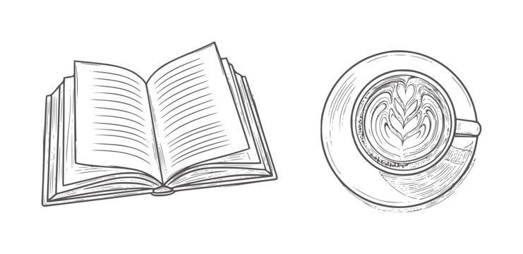 Black and white of an open book and a latte coffee cup pages