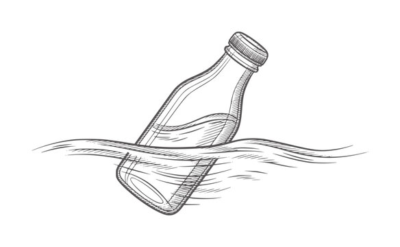 Half submerged glass bottle floating in wavy water hand drawn black and white waves