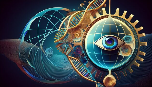 hybrid conceptual science and engineering symbols featuring globe gear brain neural network hourglass atom dna helix trophy and ocular coordinate eye