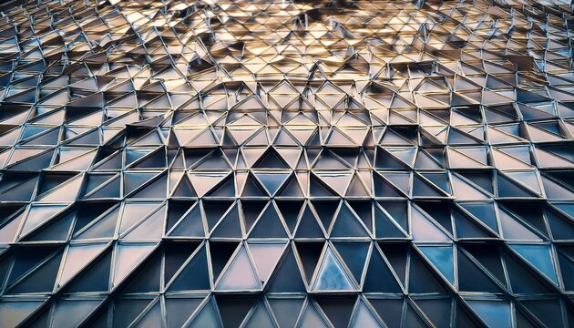 close up view of a geometric metal structure with triangular and linear patterns