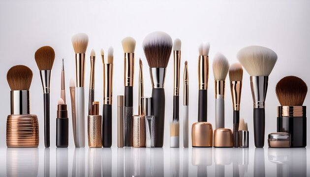 assorted makeup brushes and tools displayed in a row against a white background