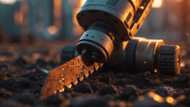 Extreme Macro Focus of Weathered Agri-Tech Robotic Cutting Blade Resting in Agricultural Soil