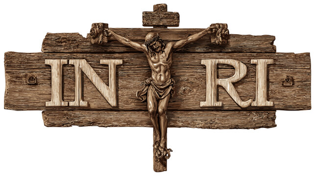 The Crucifix: An artistic wooden crucifix features a detailed depiction of the crucifixion, complete with the inscription INRI, representing a profound symbol of faith and sacrifice.