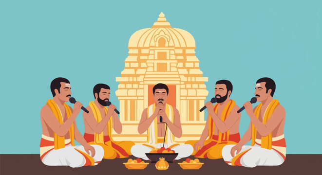 Five Hindu priests in traditional saffron and white attire sitting cross-legged and singing into microphones in front of a golden temple structure for a religious ceremony.