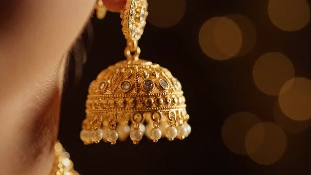 Close-up of an ornate gold jhumka earring with pearls and small diamonds, ideal for jewelry advertisements or cultural depictions
