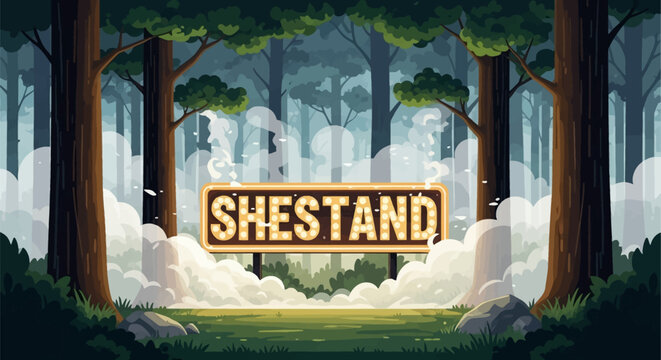 Vector illustration of an illuminated marquee sign reading SHESTAND situated in a dense misty forest with tall trees, thick ground fog, and green woodland vegetation in a flat style.