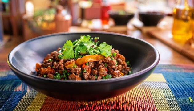 delicious mongolian ground beef dish served in a black bowl with fresh herbs and colorful cafe background for culinary enthusiasts