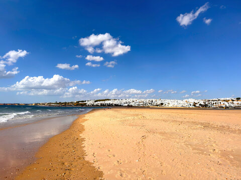 view of Conil de la Frontera from the beaches of the Costa de la Luz on the Atlantic coast, Playa Punta Lejos, Andalusia, Costa de la Luz, Spain