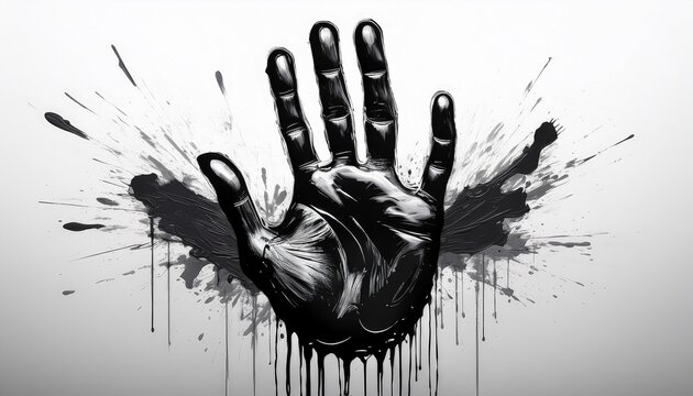 abstract black handprint with splattered paint and dripping paint effect