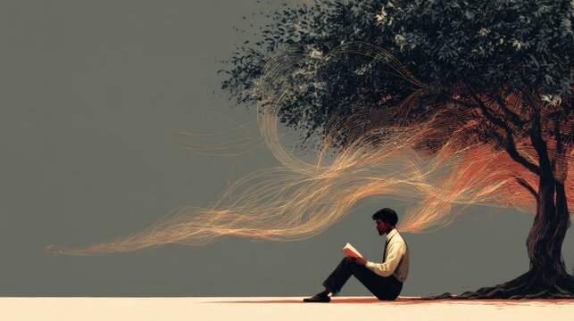 A Reader Under the Tree: Imaginary Winds of Knowledge Swirl Around &mdash; Artistic Vision of Learning and Nature Harmony