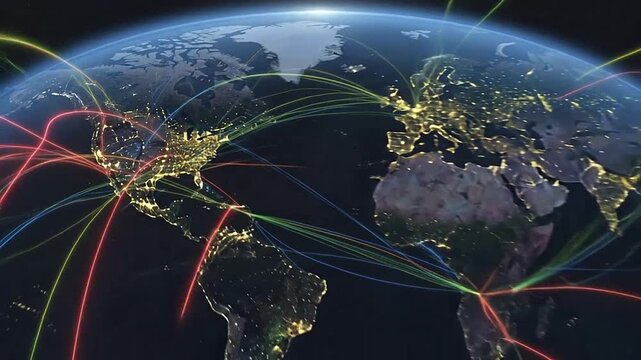 A digital representation of global connections and worldwide communication networks