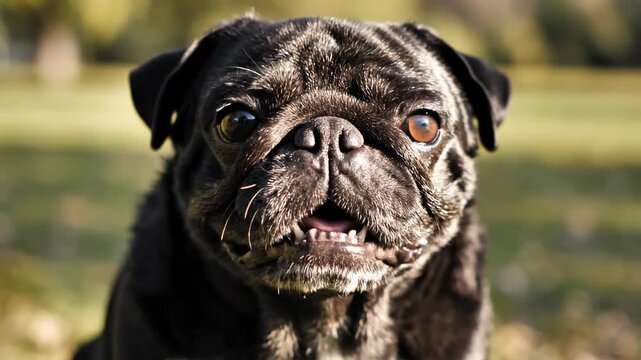 Adorable senior black pug with expressive wrinkled face and soulful eyes gazes directly forward outdoors on a sunny day, featuring a soft bokeh effect of blurred grassy field and distant trees
