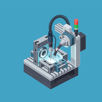 Isometric 3D illustration of an automated robotic welding machine and jig assembly performing arc welding on metal parts with sparks, featuring a signal tower light and T-slot base.