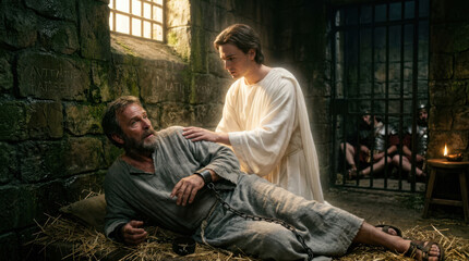 Fototapeta premium Biblical scene of an angel appearing to the apostle Peter in prison and waking him from sleep during the miraculous rescue.