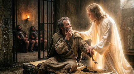 Fototapeta premium Biblical scene of an angel appearing to the apostle Peter in prison and waking him from sleep during the miraculous rescue.