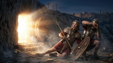 Fototapeta premium Biblical scene of Roman soldiers in shock and terror at the resurrection of Jesus beside the empty tomb.