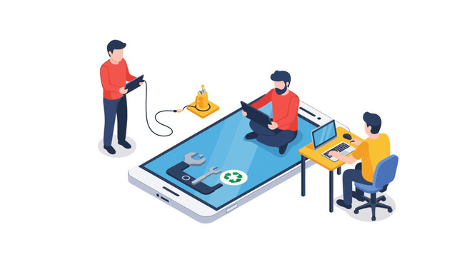 Isometric illustration of smartphone repair and technical support concept.
