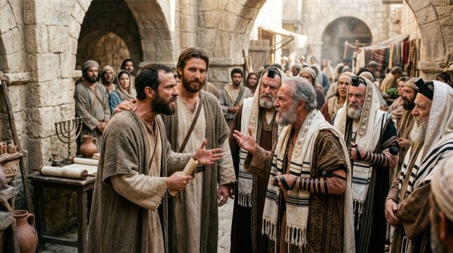 Biblical scene of the apostle Paul and Barnabas passionately debating with religious leaders.