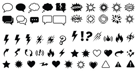 Fototapeta premium Comic Element Vector Set: Speech Bubbles, Lightning Bolts, Explosions, and Action Icons