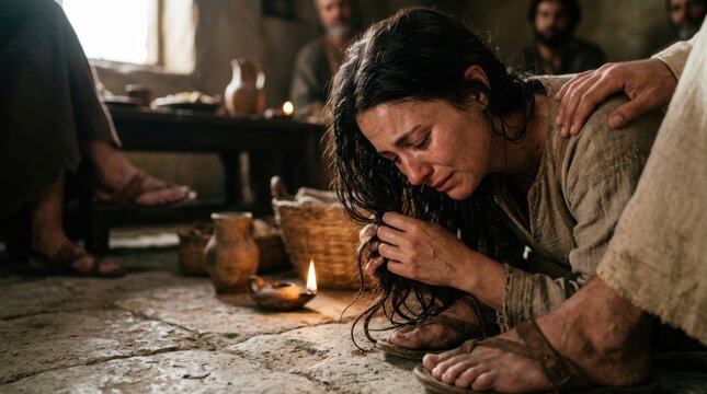 The woman weeps at Jesus' feet, dries them with her hair, kisses His feet, and anoints them with oil.