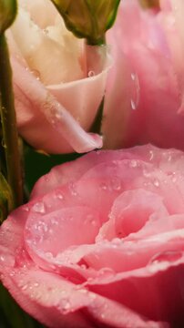 Extreme macro of water droplets on pink eustoma flowers with a falling drop