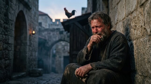 Peter in tears as a rooster crows.