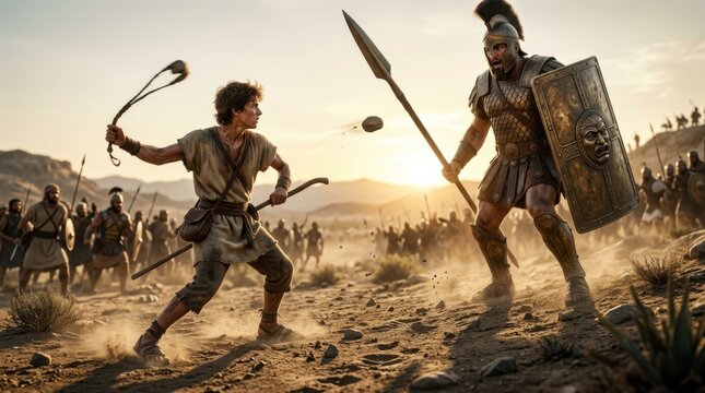 David throwing a stone at Goliath.