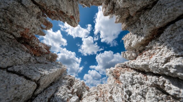 Sky Peering Through Ancient Ruins: Rough Stone Edges Framing a Vivid Blue Sky with Puffy Clouds