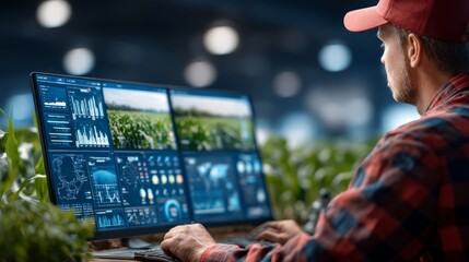 Fototapeta premium Detailed Monitoring of Crop Growth Data on Computer Screen