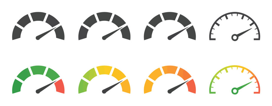 Speedometer icon vector set featuring gauge symbols from low to high for performance and risk measurement concepts.