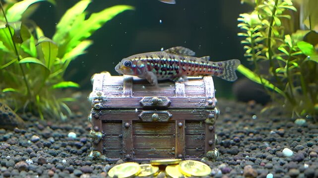 Close up of a Corydoras trilineatus or three stripe corydoras resting on a miniature treasure chest ornament in a freshwater planted aquarium with air bubbles rising