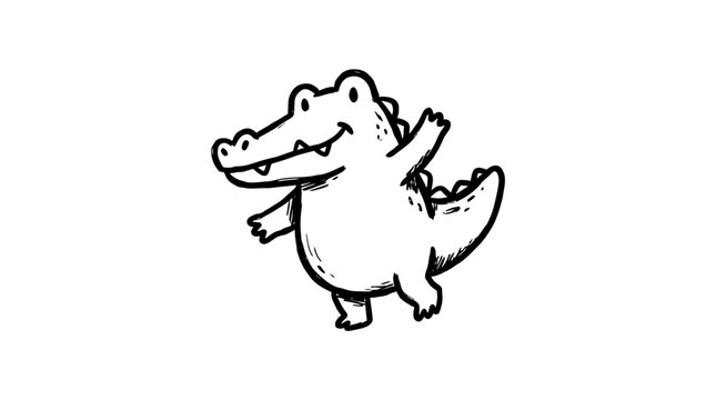 A cute hand drawn ink sketch of a smiling crocodile dancing happily outdoors.