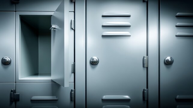 Open Locker in a Row of Gray Storage Lockers in a Room