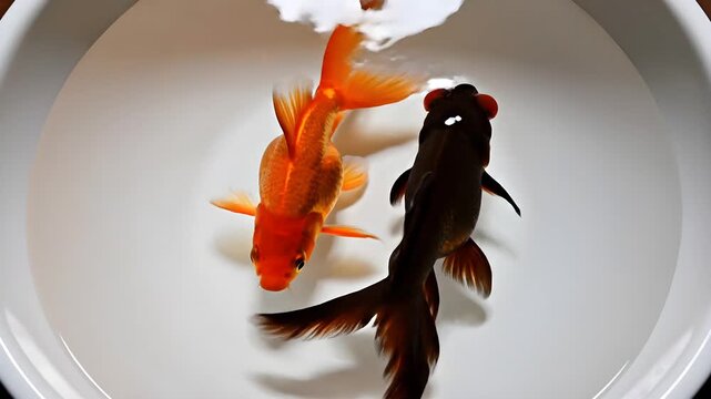 Top down view of a black moor goldfish and an orange fantail goldfish swimming together in a white bowl