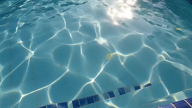 The sun reflects off the surface of the clear blue water in the swimming pool