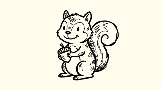 A cute hand drawn ink sketch of a smiling squirrel holding a pinecone.