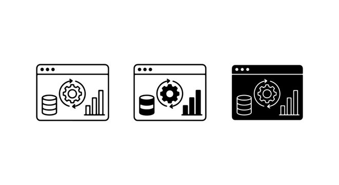 Data Analytics Icons, Database & Gear Workflow, Business Growth Charts, Vector Set