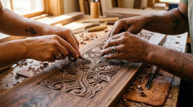 Artisan Hands Carving Intricate Wood Design with Precision Tools.